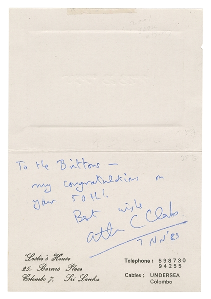  CLARKE, Arthur C. (1917-2008). Inscribed Card on Personal S...