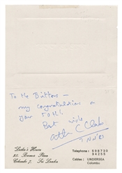  CLARKE, Arthur C. (1917-2008). Inscribed Card on Personal S...