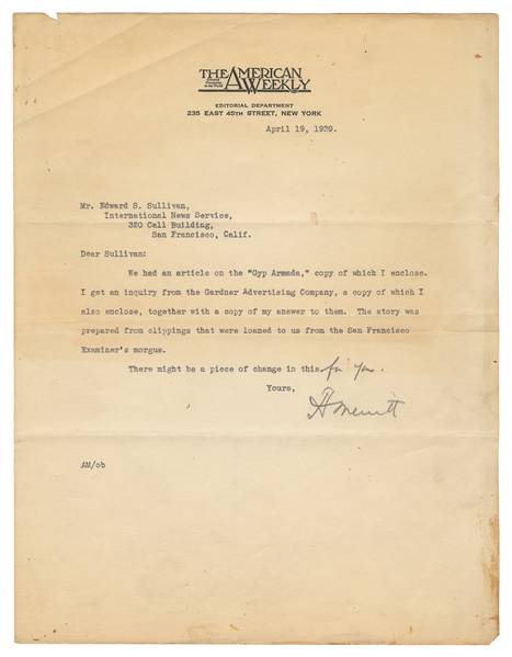  MERRITT, A[braham] (1884-1943). Typed Letter Signed. April ...