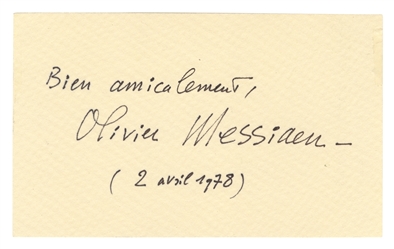  MESSIAEN, Olivier (1908-1992). Signed Card. 2 Avril 1978. 1...