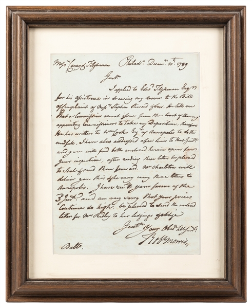  MORRIS, Robert (1734 – 1806). Autograph letter signed (“Rob...