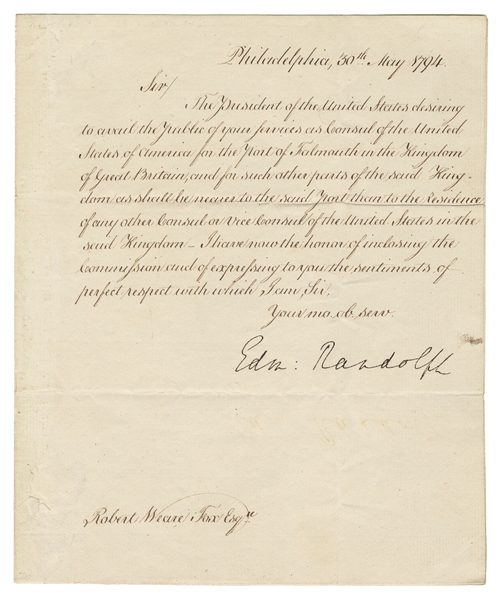  RANDOLPH, Edmund (1753-1813). Secretarial Letter Signed by ...