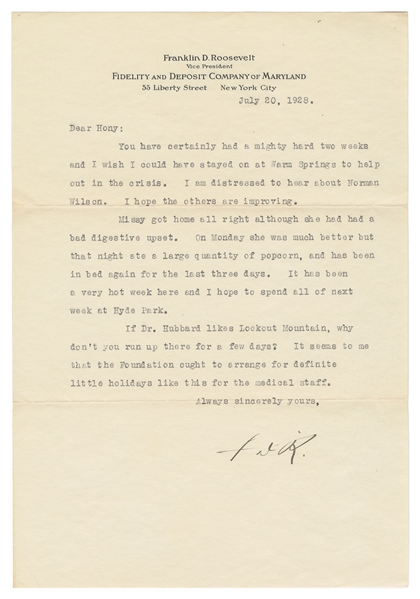  ROOSEVELT, Franklin Delano (1882-1945). Typed Letter Signed...