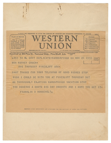  ROOSEVELT, Franklin D. (1882 – 1945). Telegram to Hon. Harv...