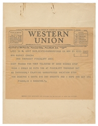  ROOSEVELT, Franklin D. (1882 – 1945). Telegram to Hon. Harv...