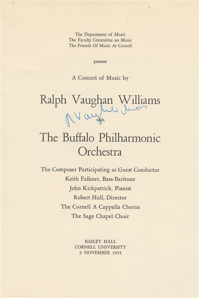  WILLIAMS, Ralph Vaughan (1872-1958). Signed Program. 9 Nove...