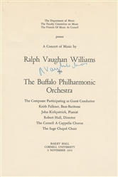  WILLIAMS, Ralph Vaughan (1872-1958). Signed Program. 9 Nove...