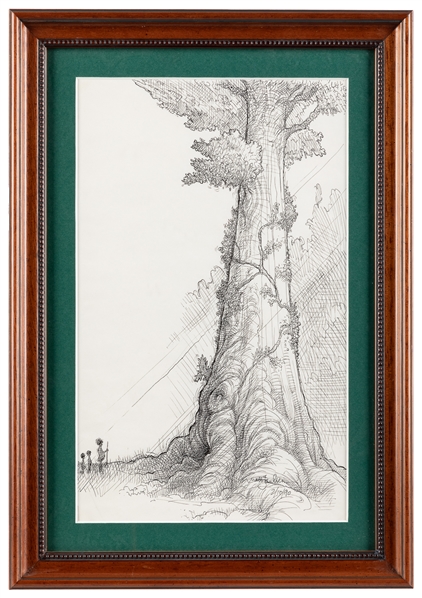  FAULKNER. Matt. Drawing of a Huge Tree with Three Figures a...