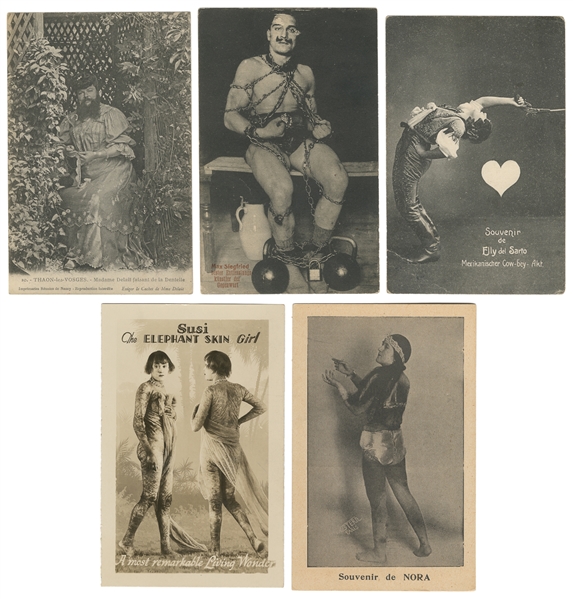 Five Sideshow Souvenir Postcards. V.p., ca. 1910s–1930s. Gr...