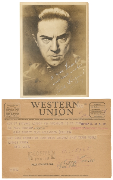 LUGOSI, Bela (1882–1956). Dracula Signed Photo and Telegram...