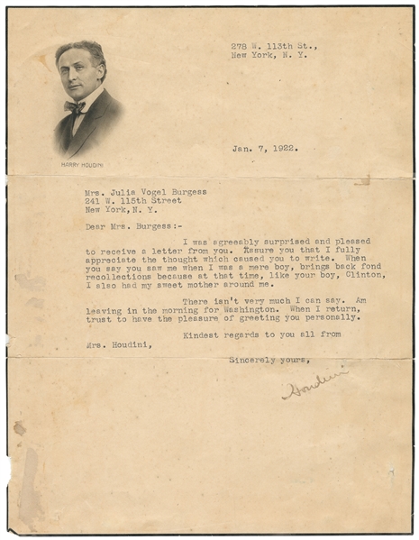 HOUDINI, Harry (Erik Weisz, 1874 – 1926). Typed Letter Sign...