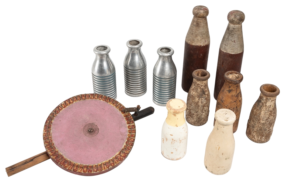 Group of Carnival Knockdown Bottles and Wheel. American, ca...