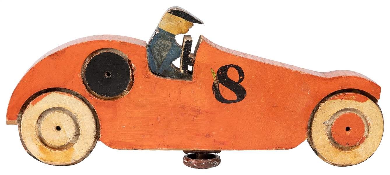 Wooden #8 Racecar Figure. Circa early 20th century. Painted...