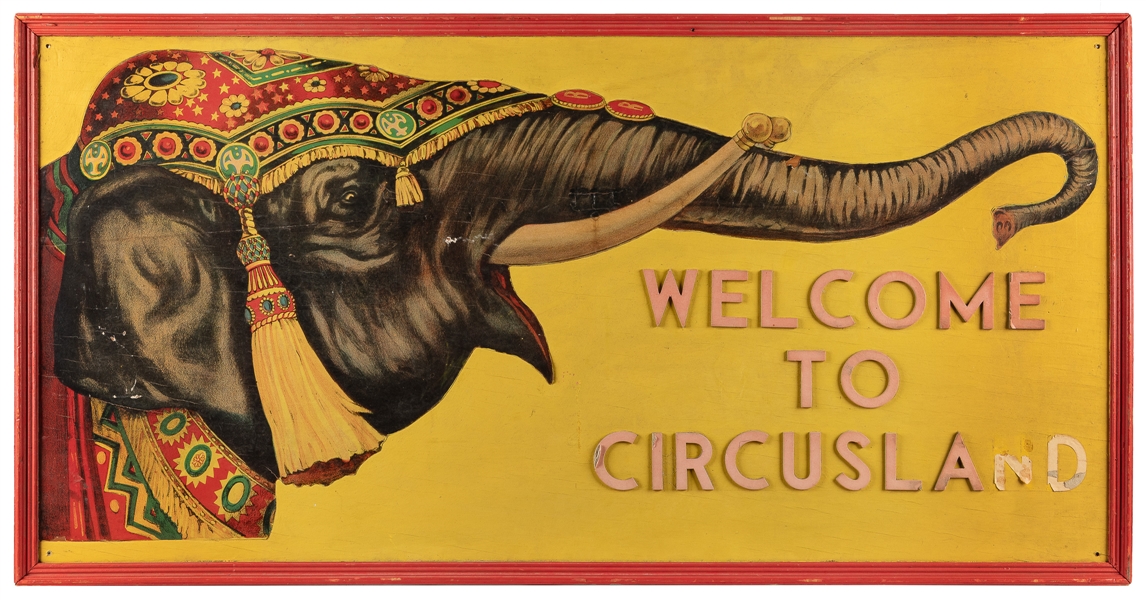 Welcome to Circusland Sign. Circa mid-20th century. Painted...