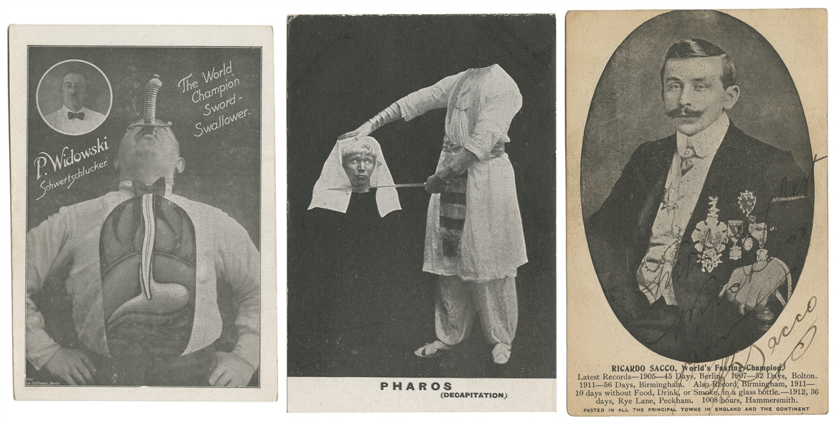 [SIDESHOW]. Three Sideshow and Curiosity Postcards. V.p., c...