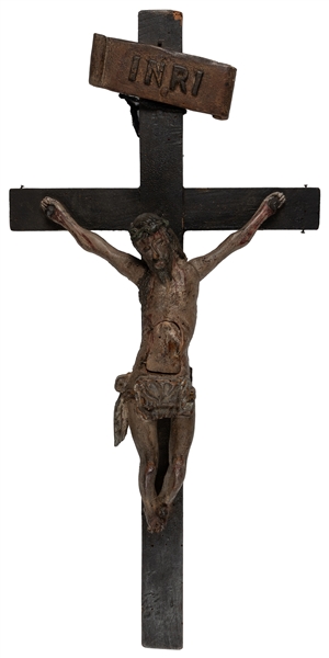 Spanish Colonial Polychrome Painted Crucifix. Circa 18th/19...