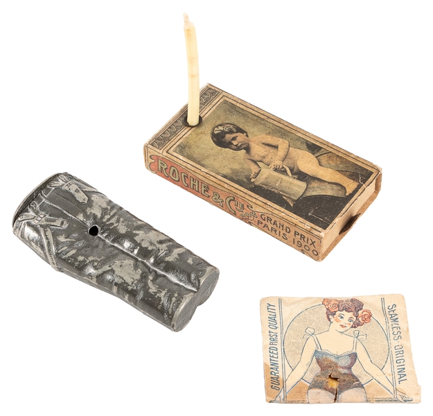 Three Antique Pocket Items. Including: a pewter figural mat...