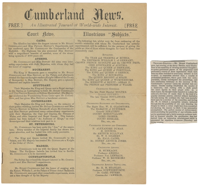 CUMBERLAND, Stuart (1857 – 1922). Cumberland News. Plymouth...