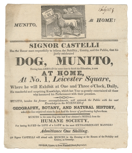 [LEARNED DOG]. Munito, At Home! [London]: Denham, Printer, ...