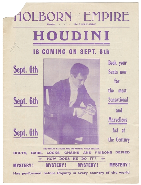 HOUDINI, Harry (Erik Weisz, 1874 – 1926). Houdini Theatrica...