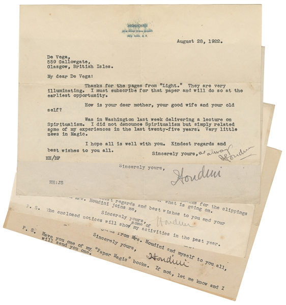HOUDINI, Harry (Erik Weisz, 1874 – 1926). Six Houdini TLSs ...
