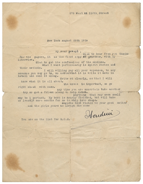 HOUDINI, Harry (Erik Weisz, 1874 – 1926). Houdini TLS to De...