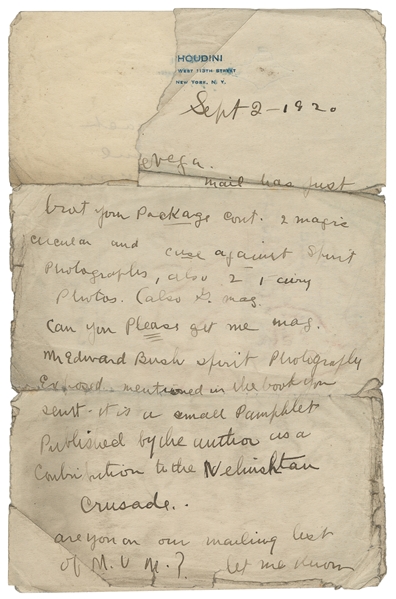 HOUDINI, Harry (Erik Weisz, 1874 – 1926). Houdini ALS to De...