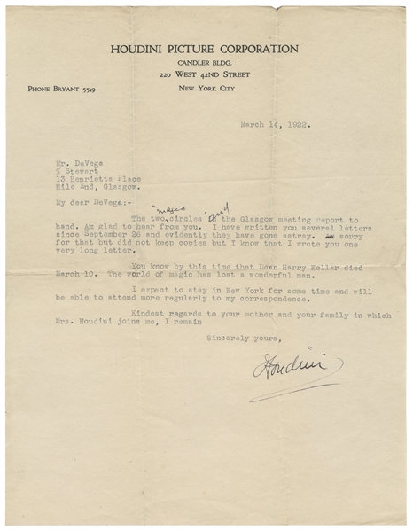 HOUDINI, Harry (Erik Weisz, 1874 – 1926). Houdini TLS to Fe...