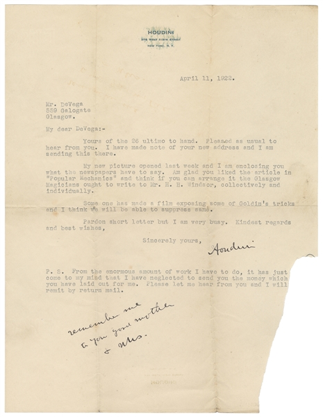 HOUDINI, Harry (Erik Weisz, 1874 – 1926). Typed Letter Sign...