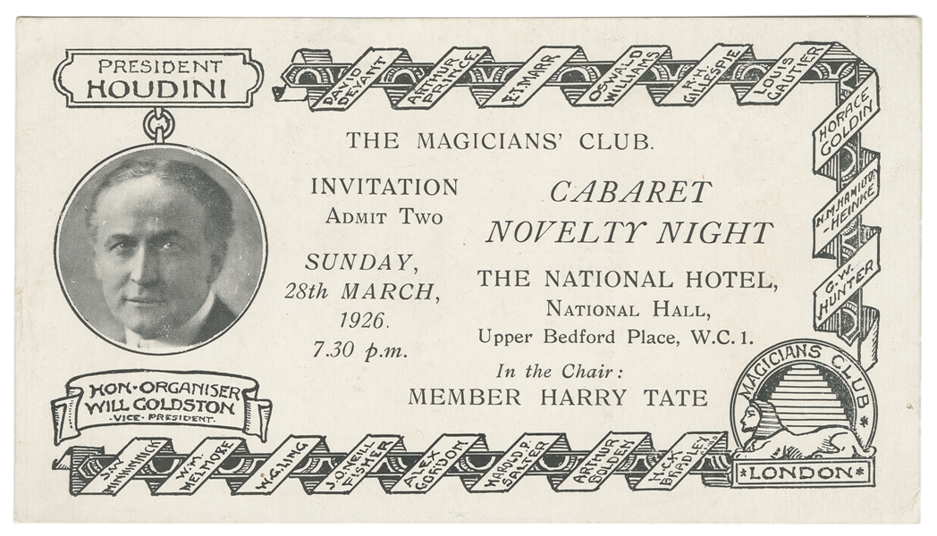 [HOUDINI]. Magicians Club Cabaret Novelty Night Ticket. Lo...