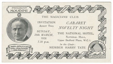 [HOUDINI]. Magicians' Club Cabaret Novelty Night Ticket. Lo...