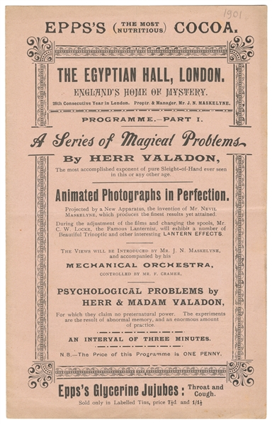 [KELLAR]. VALADON, Paul. Entranced Fakir Egyptian Hall Prog...