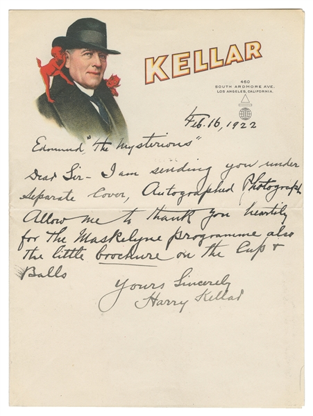 KELLAR, Harry (1849 – 1922). Harry Kellar Autograph Letter,...