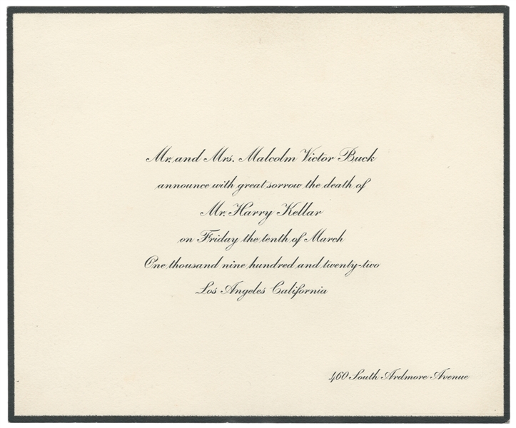 KELLAR, Harry (1849 – 1922). Harry Kellar Death Announcemen...