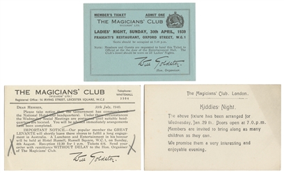 [MAGICIANS' CLUB]. Group of Magicians' Club Tickets and Inv...