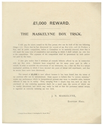 MASKELYNE, J.N. (1839 – 1917). £1,000 Reward Box Trick Hand...