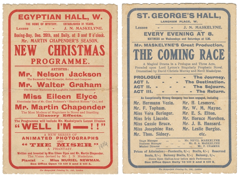 [MASKELYNES]. Two Maskelyne Theatre Advertising Cards. The ...