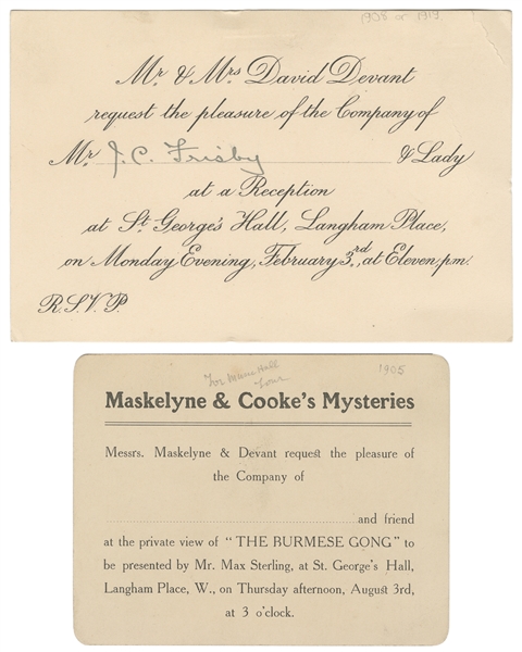[MASKELYNE & DEVANT]. Two Invitations to St. Georges Hall....