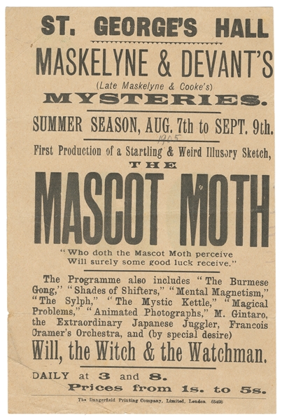 [MASKELYNE & DEVANT]. Mascot Moth Debut Performance Handbil...