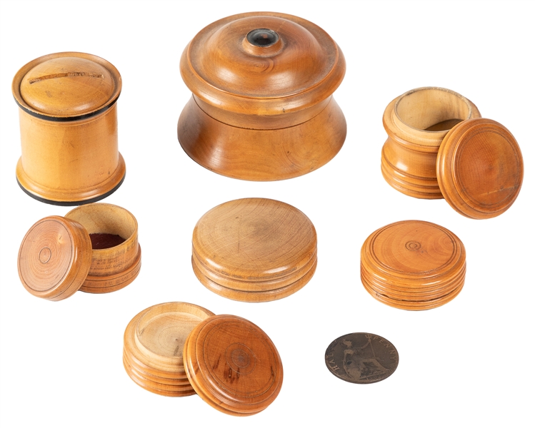 Group of Wooden Coin Boxes and Coin Tricks. English, ca. 18...