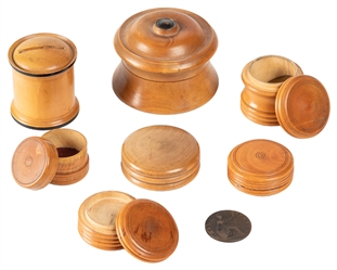 Group of Wooden Coin Boxes and Coin Tricks. English, ca. 18...