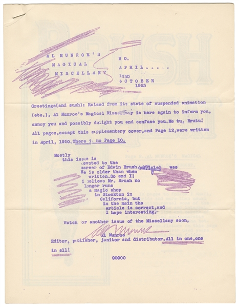 Al Munroes Magical Miscellany No. 61. [1961]. Single issue...