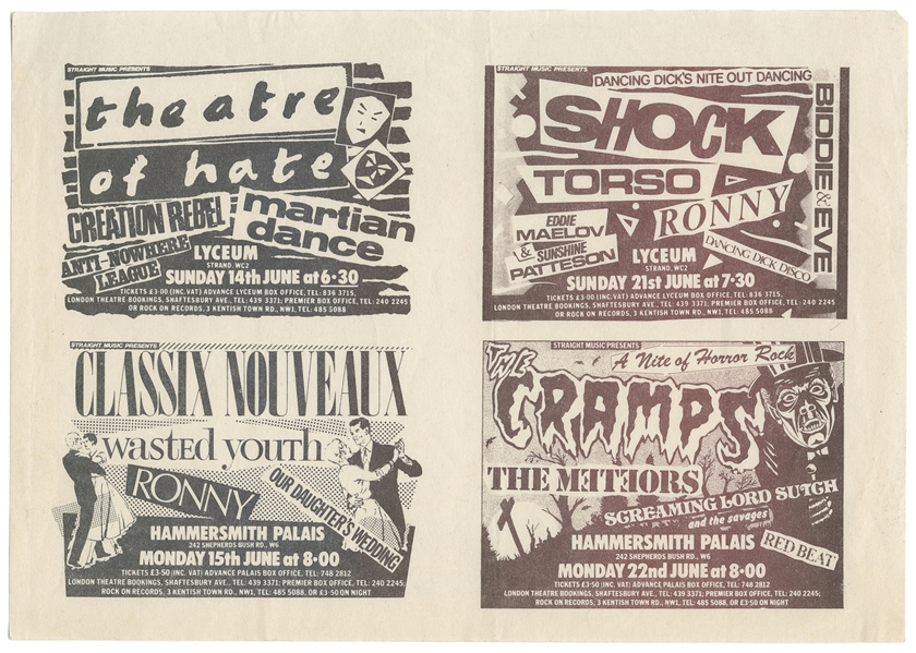 [THE CRAMPS]. Four Punk Handbills. 1970s. Four uncut handbi...