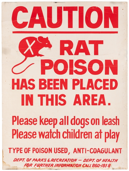 CAUTION RAT POISON Sign. Circa 1980. Thick cardstock. Neigh...