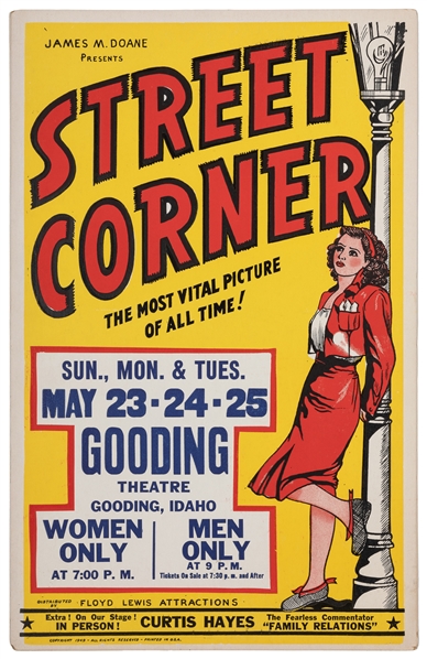 Street Corner. N.p., 1949. Window card advertising the expl...