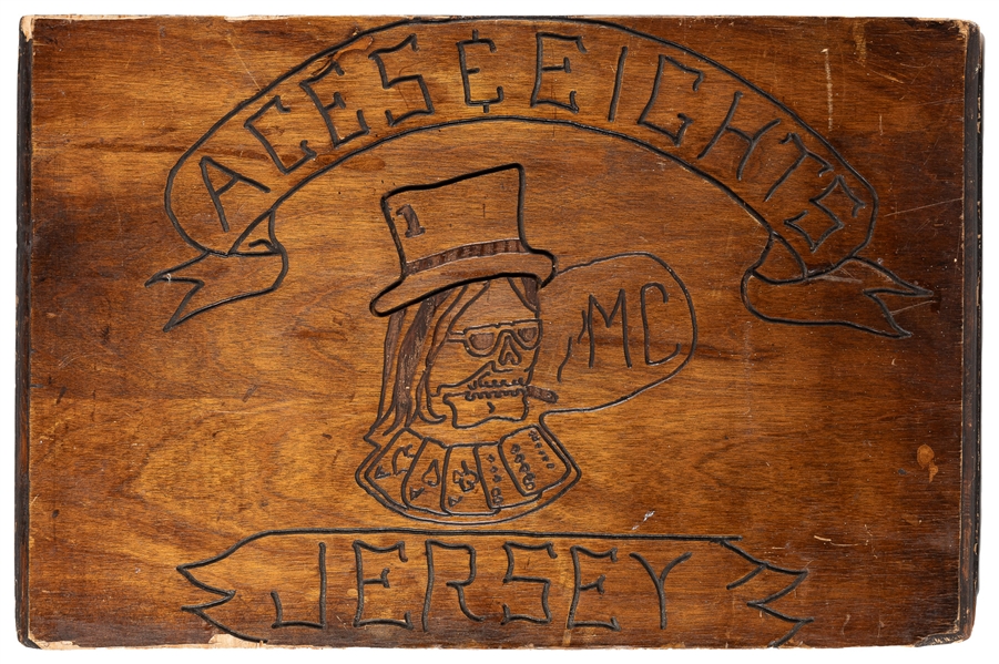 [FOLK ART]. Aces & Eights Motorcycle Club Engraved Wooden S...