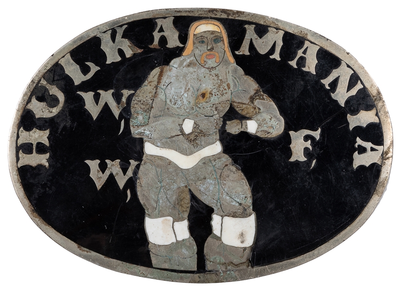 [FOLK ART]. Hulkamania WWF Belt Buckle. Circa 1980s. Enamel...