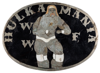 [FOLK ART]. Hulkamania WWF Belt Buckle. Circa 1980s. Enamel...