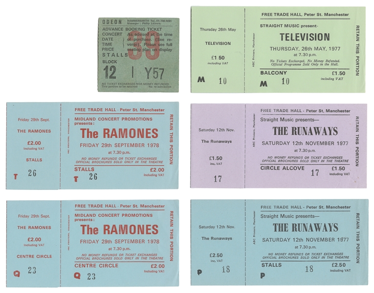 [TICKET STUBS]. Six Concert Tickets for The Ramones, Televi...