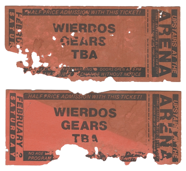 [TICKET STUBS]. Two Concert Tickets to The Weirdos and The ...